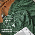 Simple&Opulence Cotton Muslin Throw Blanket for Bed, Couch, Knit Woven Gauze Blanket with Tassels, Soft Lightweight Cozy Pre-Washed Breathable Farmhouse Decoration for All-Season (Olive Green)