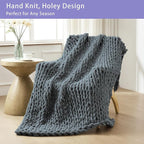 Bigacogo Chunky Knit Throw Blanket for Couch, 40x80 inches, 100% Hand Knitted with Thick Jumbo Chenille Yarn, Cozy Soft Large Rope Knot Cable Crochet Blankets for Sofa Bed Living Room, Iron Gray