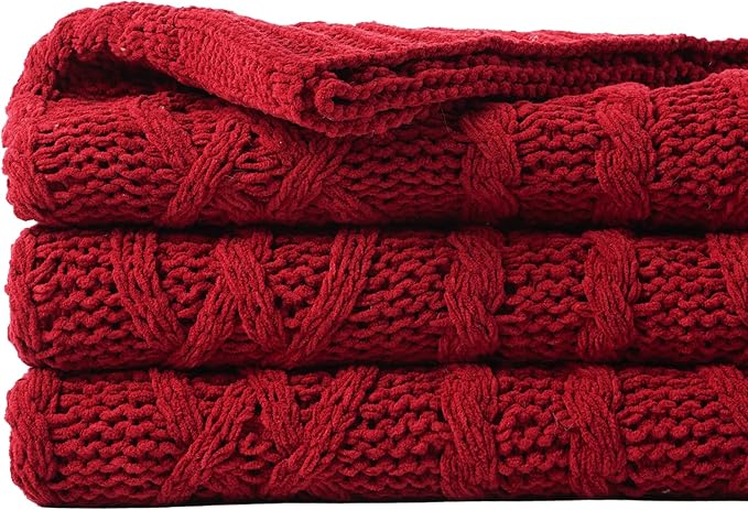 Battilo Christmas Dark Red Throw Blanket for Couch, Bed, Sofa, 51"x67", Woven Chenille Knit Throw Blankets, Gift Blanket, Cozy Warm Decorative Textured Throw Blanket for Living Room