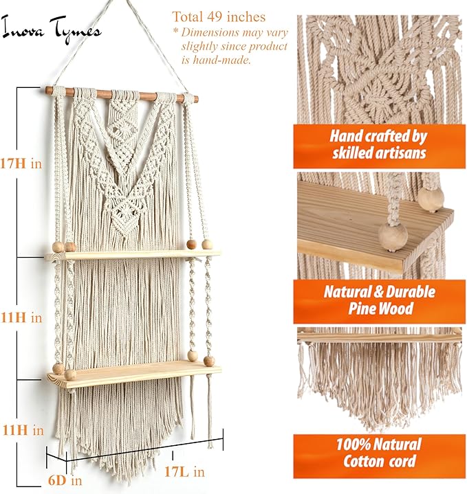 Macrame Wall Hanging Shelf - Boho Shelves Bedroom Decor | Macrame Wall Decor for Kitchen, Plant Hanger Shelves, Woven Rope Floating Shelves & Home Storage Organizer - 2 Tier