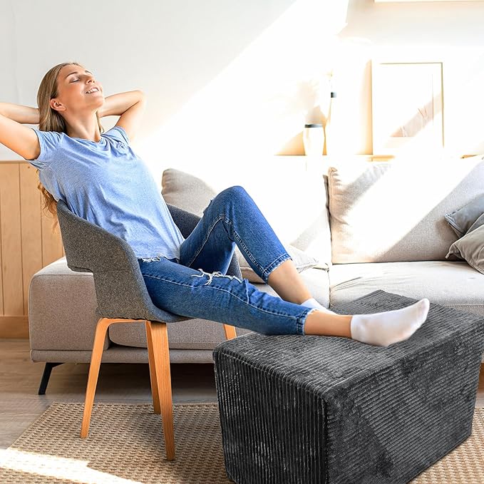 Rectangular Pouf Ottoman, Stuffed Floor Pouf with Foam Chunk Filling, Soft Coral Fleece Furry Foot Rest Stool, Multi-Use Ottoman for Living Room, Wide Stripe Boho Decor, Dark Grey
