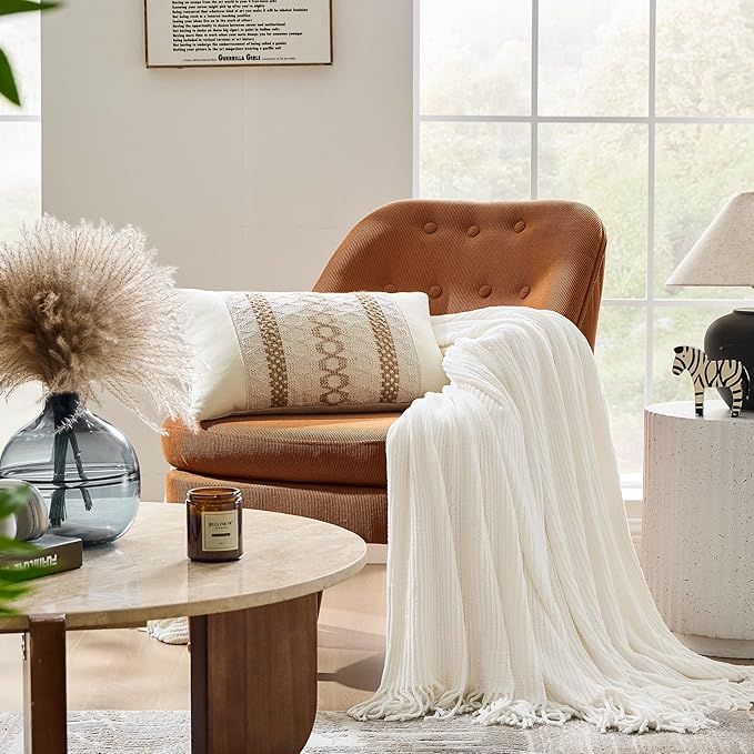 inhand Throw Blanket for Couch Bed,Chunky Chenille Woven Soft Blankets with Tassels,Cozy Boho Farmhouse Spring Summer Fall Decor,Warm Knitted Gifts for Women,50"x60",Medium Thick-Off White