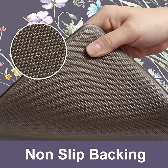 KIMODE Anti Fatigue Floor Mat, Cushioned Farmhouse Runner Rug, Non Slip, Memory Foam for Kitchen, Laundry, Office, Sink Dark Gray/Purple 17.3"x59"