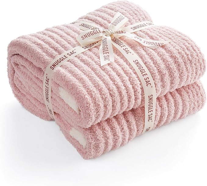 Snuggle Sac Spring Pink Throw Blanket for Couch, Soft Cozy Ribbed Fluffy Blankets for Women, Warm Microfiber Knit Cute Throws for Girls Daughter Women Gifts for Mom, Pink, 50x60 inches
