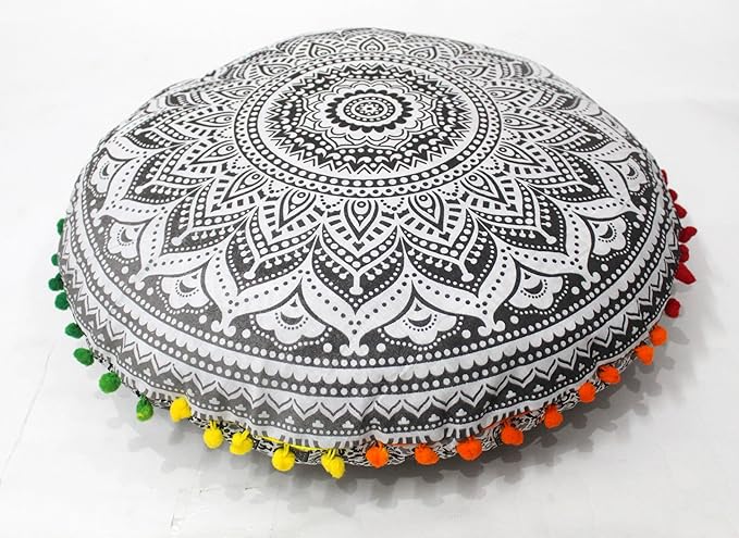CRAFT KALA Large Round Bohemian Floor Pillow Pouf Cover Mandala Meditation Room Pillow Cover for Adults Boho Seating Poufs Cushion Cover for Kids Playroom 32" Round Grey Ombre