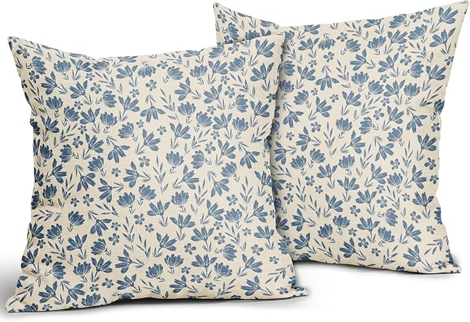 Light Blue Floral Pillow Covers 18x18 Set of 2 Vintage Rustic Old Style Cute Small Flower Blue Cream Print Decorative Outdoor Pillowcases Farmhouse Throw Cushion Case Decor for Couch Sofa Bed