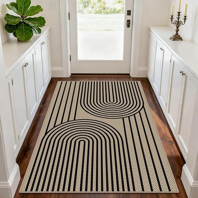 Outdoor Rug Easy Jute Rug 3x5 Entryway Porch Area Rug Indoor Foyer Outdoor Patio Door Mat Washable Non-Slip Low Pile Black Rainbow Throw Carpet for Living Room Kitchen Bedroom Balcony Floor Mats