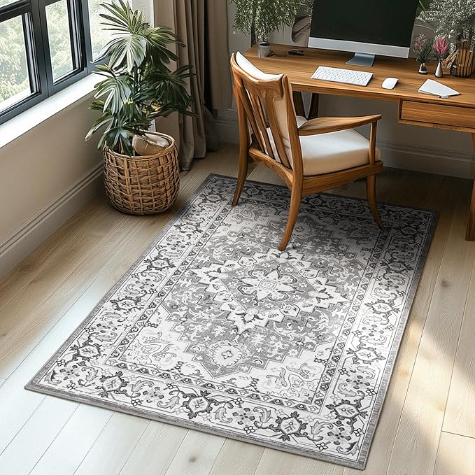 Lessymo 4 x 6 Area Rugs for Living Room- Machine Washable Area Rugs Boho Faux Wool Low Pile Area Rug for Bedroom Floral Medallion Vintage Rugs with Non-Slip Rubber, Grey Beige