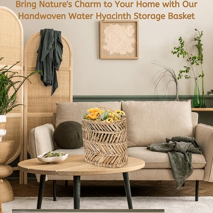 YOUEON Large Woven Hanging Storage Basket, 12x5x14 Inch Natural Water Hyacinth Wall Basket with Sturdy Iron Frame, Handwoven Front Door Flower Baskets for Home Garden, Boho Decor