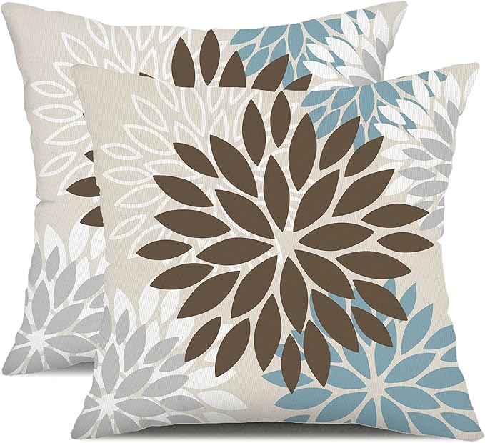 DFXSZ Brown Blue Flower Pillow Covers 18x18 Inch Set of 2 Summer Outdoor Waterproof Decor for Home Patio Funiture Garden Living Room Cushion Cover 002F18