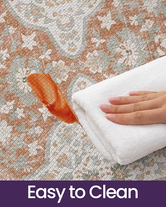DEXI Kitchen Floor Mats Anti Fatigue, 23x86 Large Long Cushioned Vintage Runner Rug Waterproof, Standing Comfort Memory Foam Padded for Front Sink Laundry Office, Orange and White