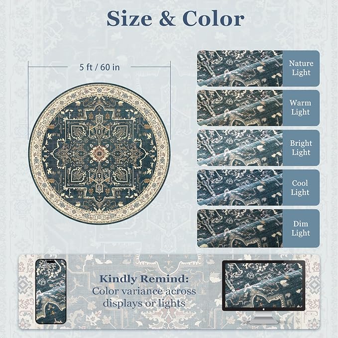 Deep Blue Round Rugs 5ft, Non Slip Washable Thin Circle Rugs for Bedroom Living Room, Traditional Medallion Printed Circle Carpet 5 feet for Kitchen Dining Room