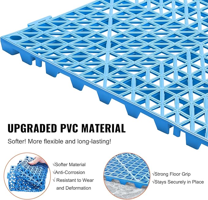 VEVOR Interlocking Tile 50PCS Blue, Drainage Tiles 12" x 12" Splicing, Soft PVC Interlocking Drainage Floor Tiles, Non-Slip Drainage Holes for Restroom, Bathroom, Kitchen, Pool, Wet Areas