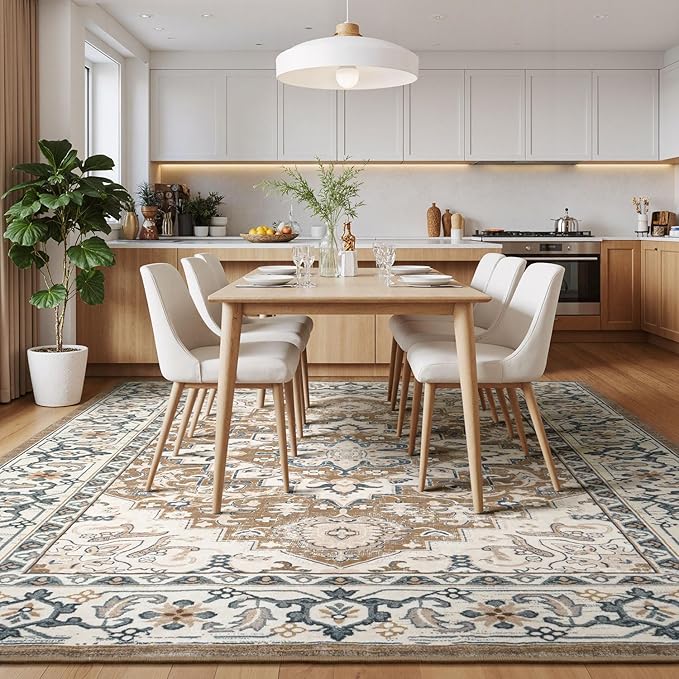 Lessymo Area Rugs 9x12 Living Room- Large Area Rug Machine Washable Area Rug for Bedroom Living Room, Vintage Rugs Boho Floral Medallion, Non-Slip Rubber, Low Pile, Kid & Pet Friendly, Brown Beige