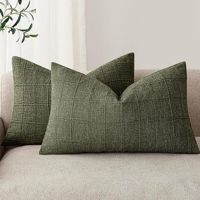 Foindtower Set of 2 Decorative Linen Check Throw Pillow Covers Neutral Farmhouse Lumbar Cushion Covers Modern Boho Home Decor for Sofa Chair Couch Bedroom Living Room,12×20 Inch,Olive Green