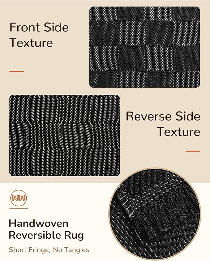 BESTSWEETIE 2'x6' Washable Rug Hand-Woven Low Pile Soft Checkerboard Pattern Reversible Checkered Braided Rugs with Short Fringe Carpet for Living Room Bedroom Dining Room Home Decor - Black/White