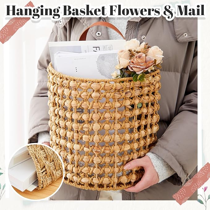 Chunful 2 Pcs Water Hyacinth Hanging Wicker Basket, Natural Wicker Decorative Baskets, Handmade Woven Storage Organizer for House Garden Wedding Wall Decorations, Large & Small Size(Classic Plaid)