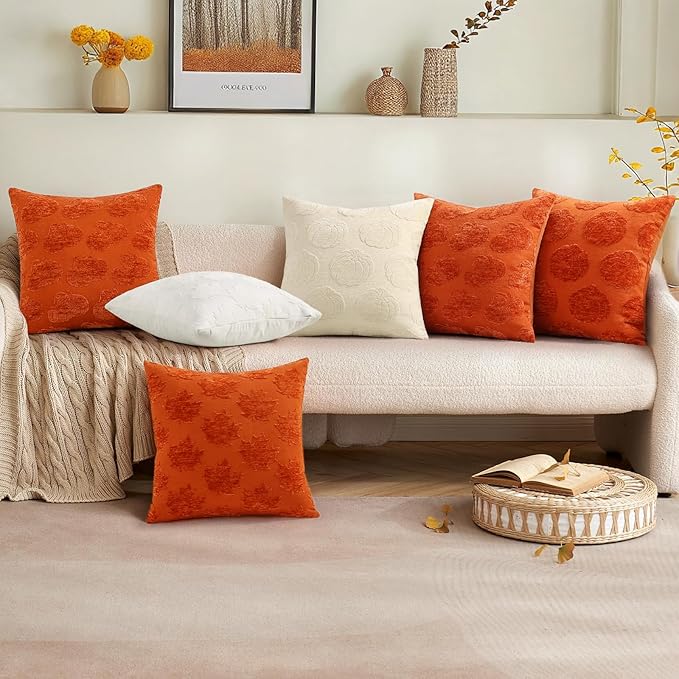 decorUhome Decorative Rust Pumpkin Thanksgiving Throw Pillow Covers 20x20 Set of 2, Soft Chenille Jacquard Farmhouse Textured Pillow Covers for Couch Bed Sofa Autumn Harvest Halloween Holiday