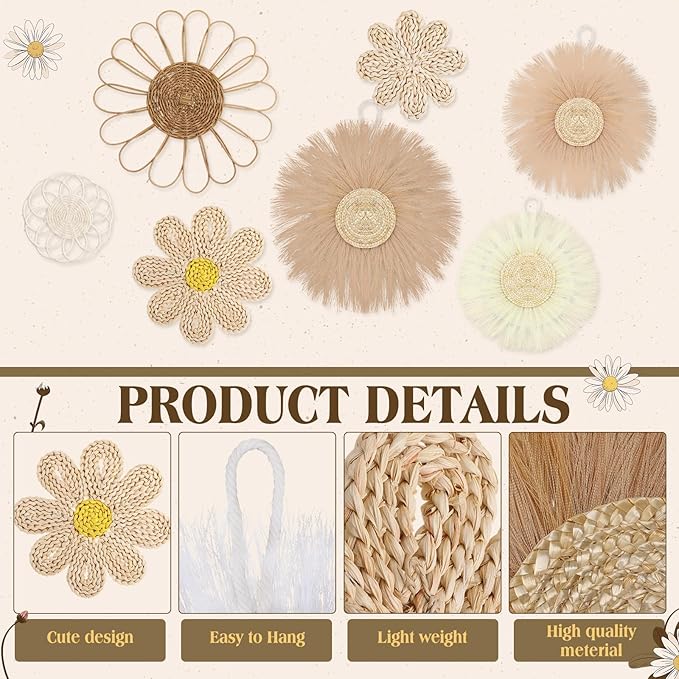 Chunful 7 Pcs Boho Wall Basket Decor Rattan Flower Wall Decor Nursery Daisy Flower Woven Macrame Hanging Flowers for Baby Kids Girls Farmhouse Bedrooms Living Rooms Kitchen Home(Light Beige Yellow)