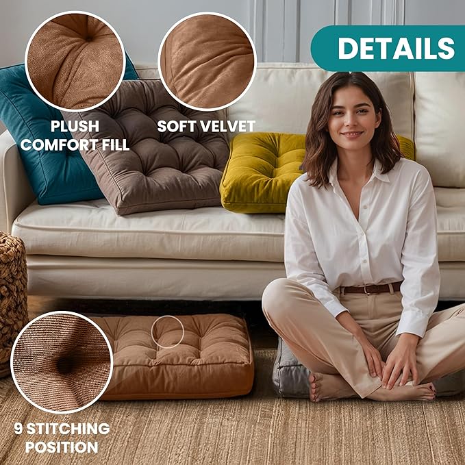 NEST & LOOM Floor Cushions - Floor Chair Pillow, Meditation Cushion, Square Large Floor Pillow, Solid Thick Tufted Floor Pillow - Yellow - 21.65" x 21.65"