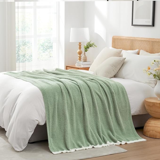 Snuggle Sac Sage Green Bedding Blankets Queen Size 90x90 inches, Reversible Microfiber Fluffy Fuzzy Soft Throw Cozy Knit Blanket for Women Mothers Birthday Gifts