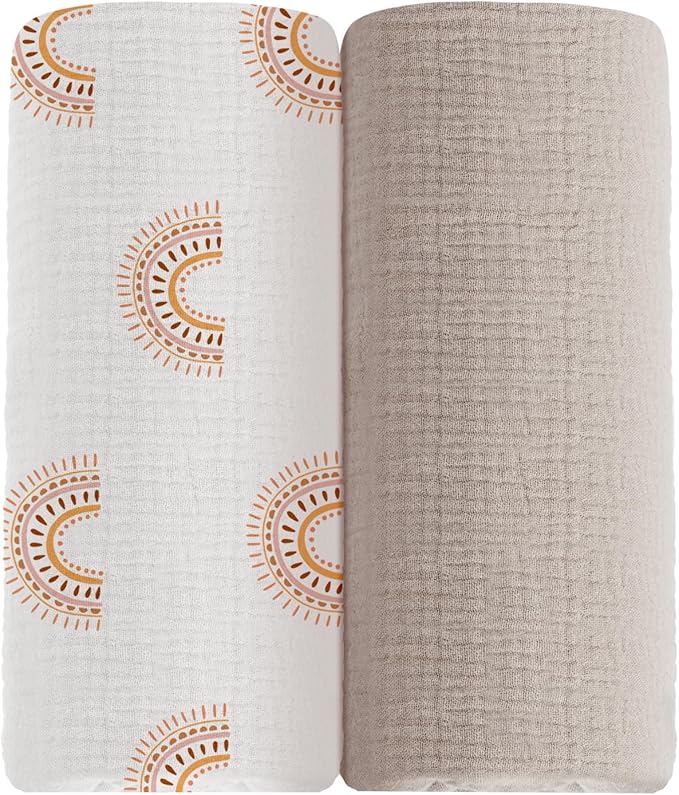 meowcards Muslin Swaddle Blankets for Baby, Unisex Baby Boys Girls Essentials, Large 47 x 47 inches, Boho Receiving Blankets Newborn Registry Must Haves (Beige-Rainbow, Printed)