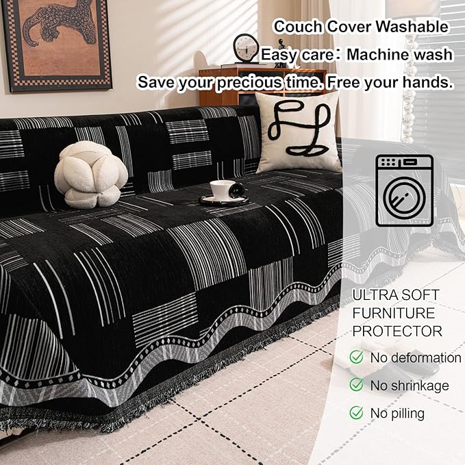 ROOMLIFE Black Sofa Cover, Vintage Boho Couch Cover for 3 Cushion Sofa, Non Slip Chenille Sofa Slipcovers for Dog, Washable Furniture Sofa Protector Cover with Tassel for Living Room, 71''X118”
