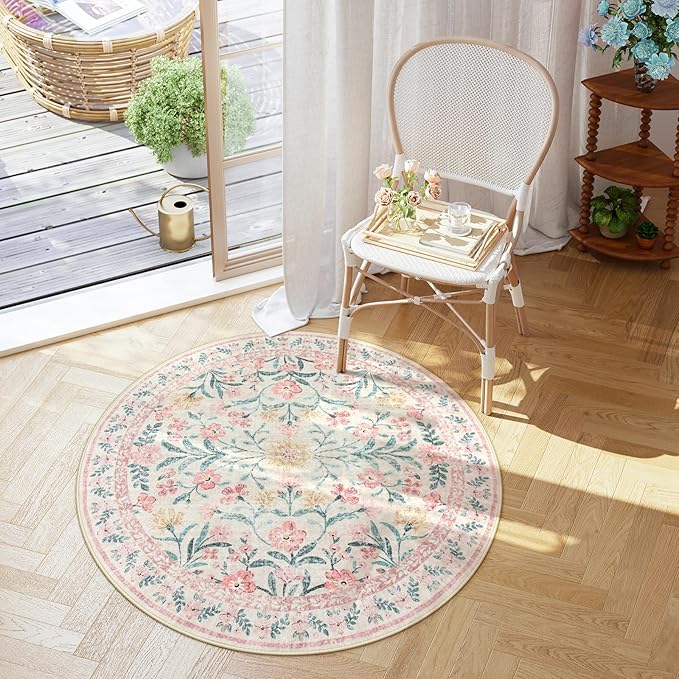 Lahome Sylvie Boho Light Pink Round Rug 4ft, Washable Small Circle Rugs for Bedroom Kids, Pink and Green Nursery Circular Carpet Girl Decor, Soft Non-Slip Round Carpet for Sunroom, Blush
