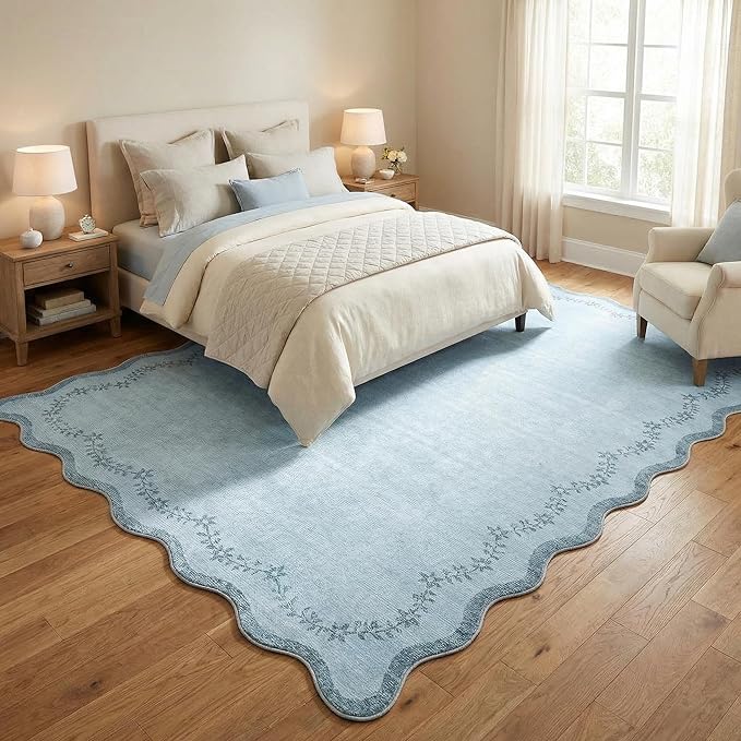GarveeHome 5x7 Scalloped Area Rug Blue Washable Rugs for Living Room Bedroom, Soft Low Pile Non Slip Accent Floor Mat Solid Floral Print Throw Rug Farmhouse Indoor Carpet for Dorm Playroom