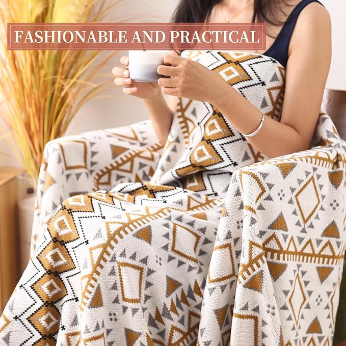 Knitted Queen Size Throw Blanket - Lightweight Breathable Summer Soft Blanket of Polyester Imitation Cotton for Anti-Static,Luxury Throws for Bed, Couch and Sofa,Yellow Tassel Pattern