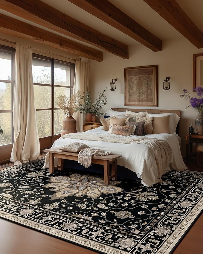 Area Rugs 8'x10' Washable Non-Slip, Floral Vintage Distress Print Pattern Medallion Carpet for Living Room Bedroom Dining Room, Black Brown Neutral Dark Tan