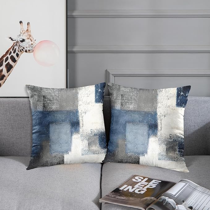 Britimes Throw Pillow Covers Modern Home Art Decor, 20 x 20 Inches Set of 2 Pillow Cases Decorative, Abstract Oil Painting Pillowcases for Bedroom, Living Room, Cushion Couch Sofa, Navy Blue White
