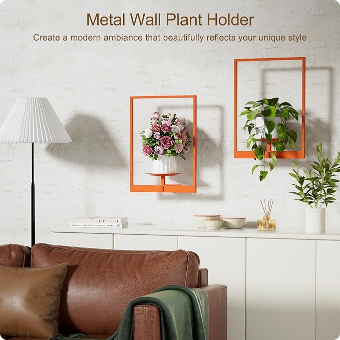 Orange Metal Wall Plant Holder - 2-Pack Wall Mounted Plant Stands and Hanging Holders for Indoor Planter and Flower Pot -Rectangle Decor Shelf for Plant Storage (Pot Not Included)