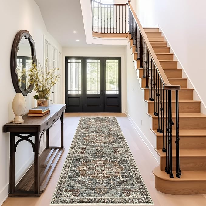 Washable Runner Rug 2.6x8 Runners for Hallways, Ultra-Thin Carpet Runners for Entryway Anti Slip Backing Runner Rugs for Kitchen Laundry Room Indoor Hallway (Grey/Brown/Tan)