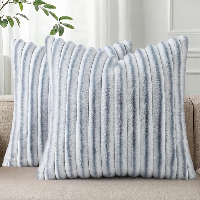 Pallene Faux Fur Plush Throw Pillow Covers 22x22 Set of 2, Luxury Soft Fluffy Striped Decorative Pillow Covers for Sofa, Couch, Living Room, Ombre Grey