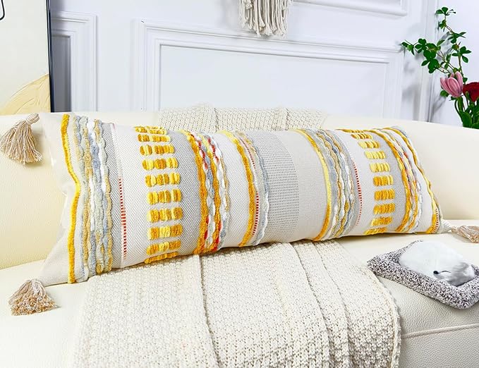 Chenille and Cotton Long Pillow for Bed,Striped Textured Boho Long Lumbar Throw Pillow Cover 16x36,Neutral Accent Decorative Extra Long Body Pillow Case for Couch Sofa Bedroom,Yellow-Grey