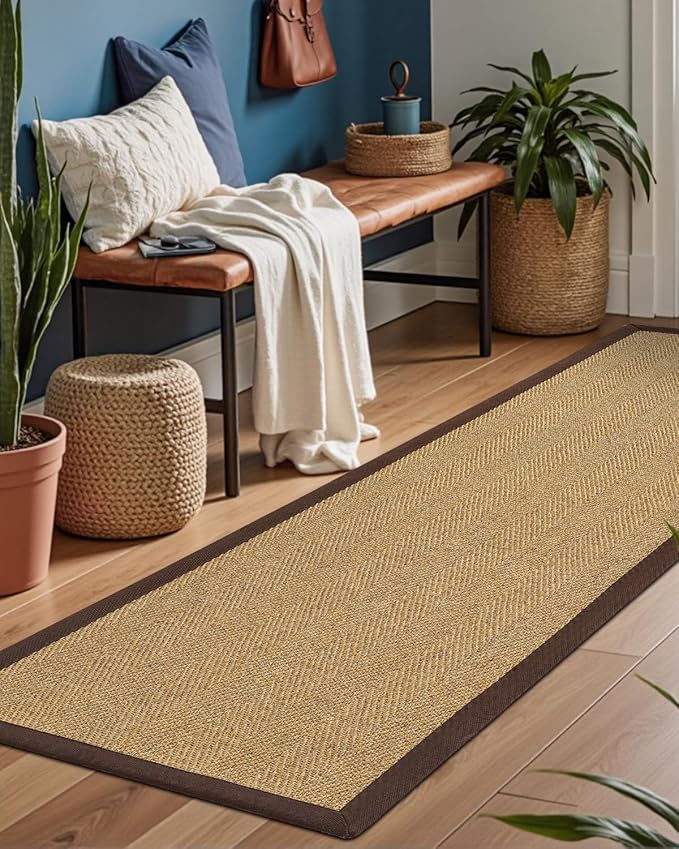 DEXI Jute Hallway Runner Rug 3x8, Woven Braided Natural Fiber Non Slip Runner Inside, Farmhouse Runners Carpet Indoor for Entryway Kitchen Luandry, Natural/Brown