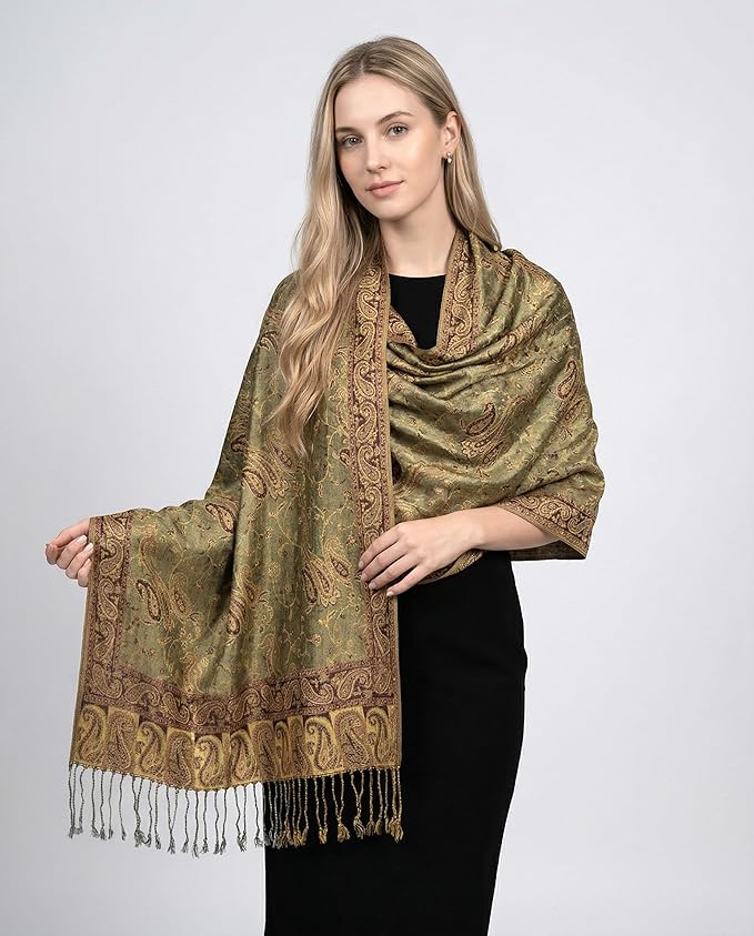 Achillea Reversible Paisley Pashmina Rave Scarf – Exotic Indian Shawls and Wraps for Evening Dresses, Festivals, All Seasons