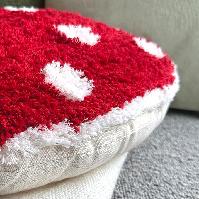 Mushroom Throw Pillow Tufted Shape Decorative Cushion 15” x 15” – Decor for Bed, Couch, Living Room (Red)