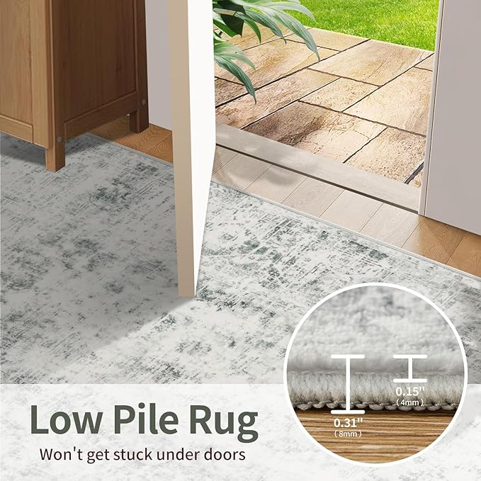 6x9 Area Rugs for Living Room Bedroom, Large Washable Rug, Grey Vintage Abstract Boho Rug, Non Slip & Low Pile Faux Wool Carpet for Indoor Dining Room, Farmhouse and Kids Room(Grey 6x9ft)