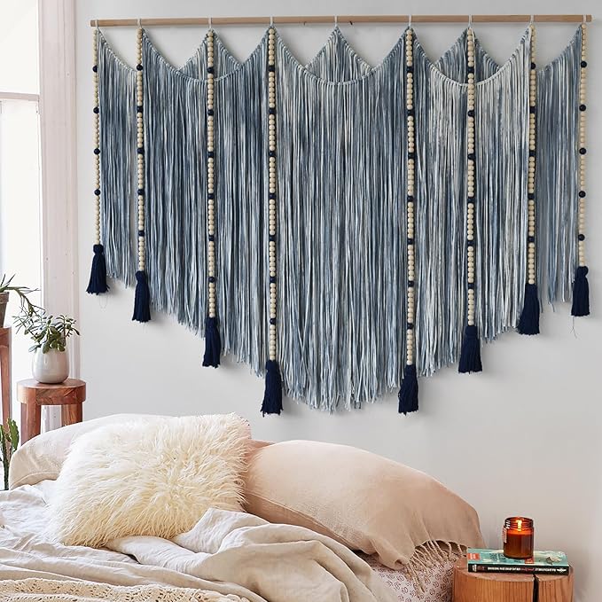Jakalin Macrame Wall Hanging Blue dip dye Handcrafted Decorative Art for Living Room Bedroom or Office Boho Chic Modern Wall Decor with Unique Beadwork 57" W × 43" L