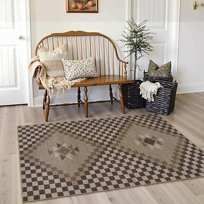 LIVEBOX Easy Jute 3x5 Washable Rug, Non Slip Farmhouse Kitchen Rugs, Brown Checkered Indoor Entrance Rugs Throw Mat with Rubber Backing, Ultra Thin Indoor Outdoor Porch Rug Patio Courtyard