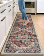 DEXI Kitchen Floor Mats Anti Fatigue, 23x86 Large Long Cushioned Vintage Runner Rug Waterproof, Standing Comfort Memory Foam Padded for Front Sink Laundry Office, Beige and Red