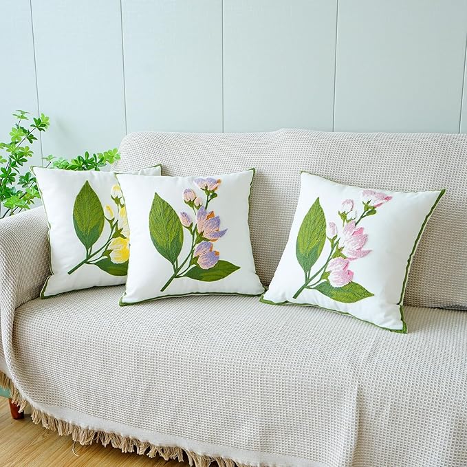 vctops Farmhouse Hibiscus Flowers Cotton Tufted Throw Pillow Cover Spring Floral Embroidery Pillowcase Soft Square Cushion Case for Sofa Couch Bed Chair (Yellow F,18"x18")