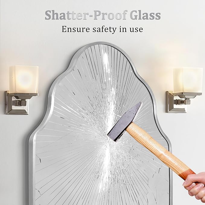 Scalloped Mirror for Bathroom - 26"x46" Silver Bathroom Mirror with Aviation Aluminum Alloy Frame & Shatter-Proof Glass for Living Room Bedroom Entryway, Brushed Silver Frame(x1)