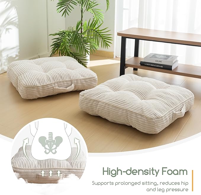 HIGOGOGO Floor Pillow Cushion for Adults, Meditation Cushion Pillow, Large Square Floor Sitting, Tufted Corduroy Cover, for Tatami Living Room or Yoga, 22x22 Inch, 2Pack, Beige