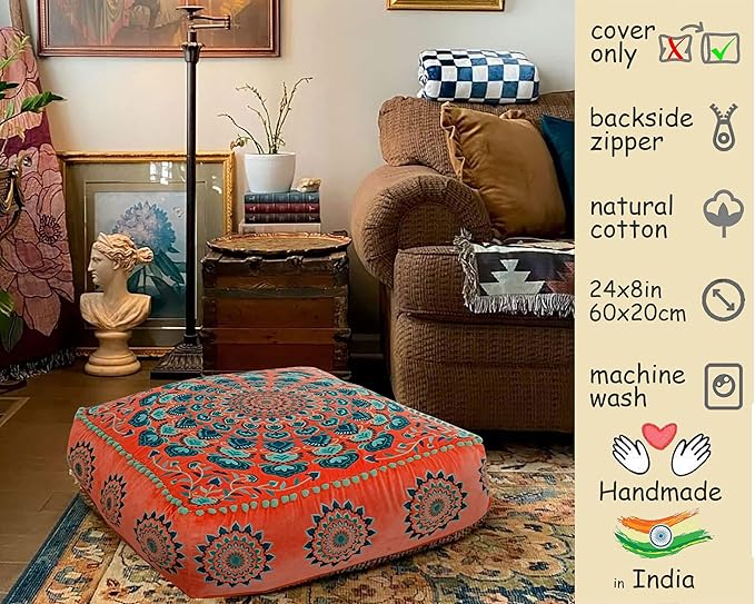 Mandala Life ART Orange Velvet Pouf Cover - Soft Sqare Floor Pillow - Embroidered Ottoman Slipcovern, 24x24x8 Inches, Ideal for Living Room, Bedroom, or Meditation Space - Boho Decor Cushion