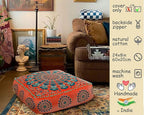 Mandala Life ART Orange Velvet Pouf Cover - Soft Sqare Floor Pillow - Embroidered Ottoman Slipcovern, 24x24x8 Inches, Ideal for Living Room, Bedroom, or Meditation Space - Boho Decor Cushion