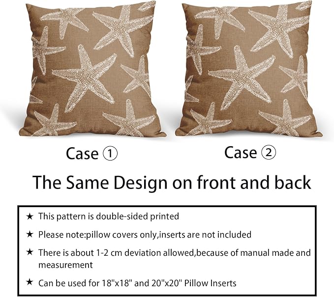 Kawani Tan Brown Starfish Ocean Pillow Covers 18X18 Inch Summer Nautical Coastal Beach Decorative Pillow Cases Set of 2 Cotton Linen Throw Pillows Seasonal Home Decor for Sofa Couch Cushion Outdoor