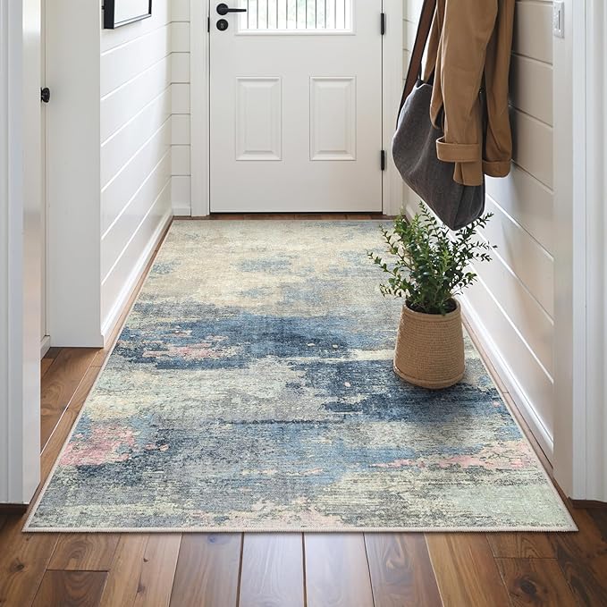 GENIMO 5X7 Washable Modern Area Rugs for Living Room, Non-Slip Low Pile Chenille Print Rug, Soft Rugs for Bedroom Dining Room Home Office, Dusk Tide